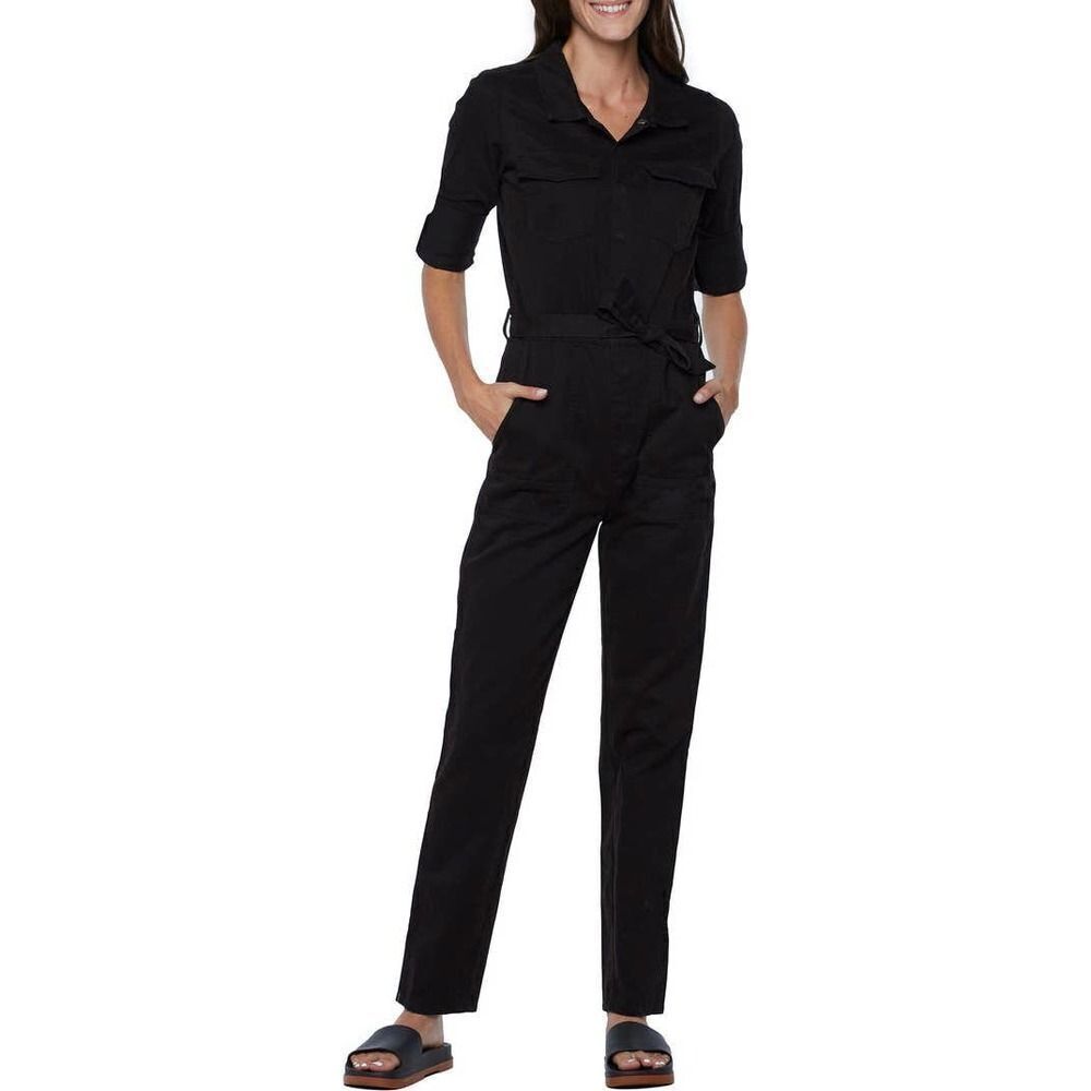 Wash Lab Women’s Denim Hi Bar Long Sleeve Denim Jumpsuit in Black Sz L